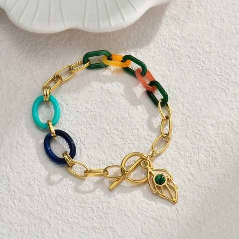 Stainless Steel Bracelet With Multi Color Acrylic Resin Chains Hollow Leaf Pendant Toggle Clasp Bohemian Style For Women
