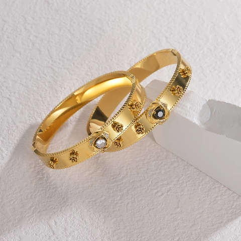 Vintage 18K Gold Plated Stainless Steel Rose Flower Open Bangle For Women Luxury Zirconia Inlaid Adjustable Bangle Elegant Jewelry