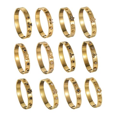 Luxury Stainless Steel Clover Flower Inlaid Zirconia Bangle Beaded Edge Vintage Gold Plated Bracelet For Women Elegant Jewelry