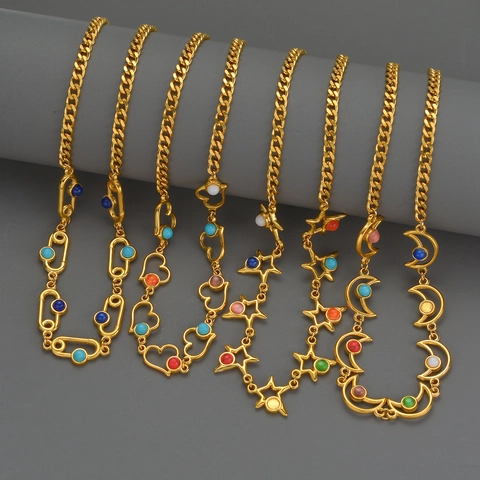 Stainless Steel Colorful Beads Heart Star Moon Geometric Pendant Necklace Bracelet For Women Bohemian Ins Style Jewelry