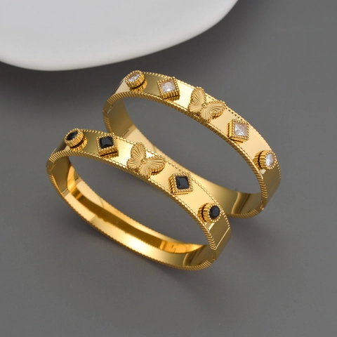 Butterfly Rhinestone Bangle Stainless Steel 18K Gold Plated Beaded Edge Trendy Jewelry For Women