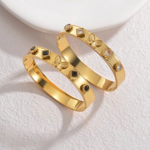 Butterfly Rhinestone Bangle Stainless Steel 18K Gold Plated Beaded Edge Trendy Jewelry For Women