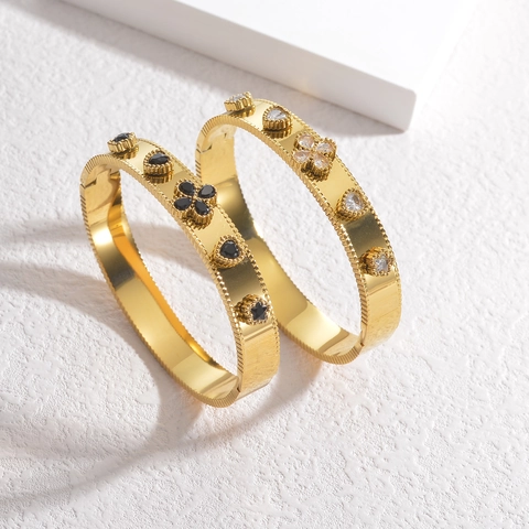 Vintage Edelstahl Armreif Für Damen Mit Kleeblatt Herz Stern Anhängern Zirkonia Inlay Eleganter Retro Schmuck