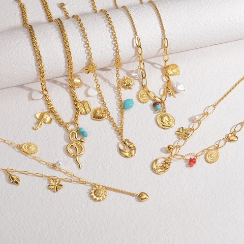 Collana Con Pendenti Multipli Bohémien Retrò Acciaio Inossidabile Placcato Oro Cuore Conchiglia Elefante Serpente Per Donna