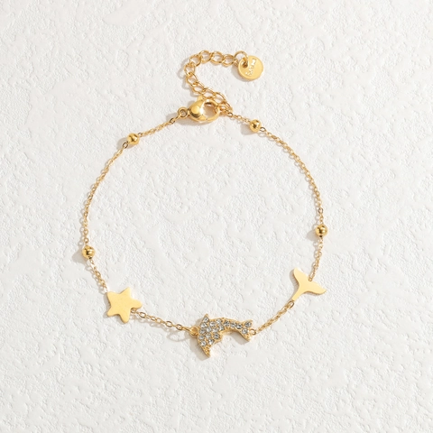 Gold Plated Stainless Steel Dolphin Charm Bracelet With Sparkling Cubic Zirconia Star And Fish Tail Pendants For Women