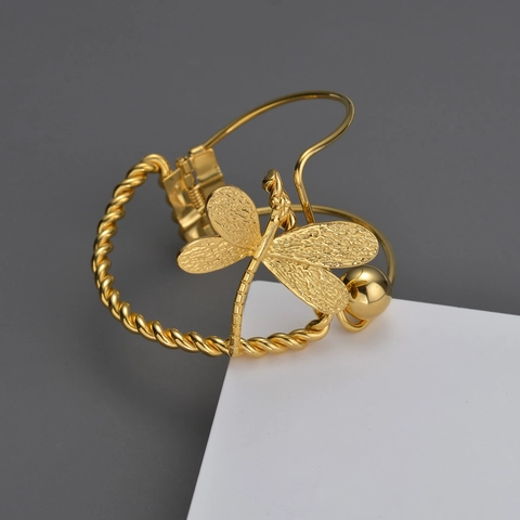 Schmetterling Libelle Offener Armreif Für Damen Edelstahl Vergoldet Strukturierter Mode Statement Handschmuck