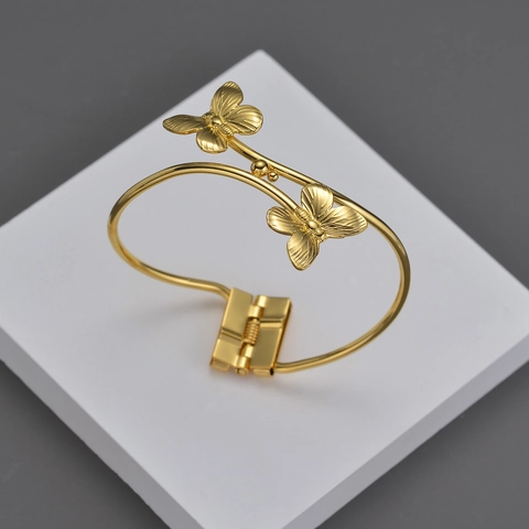 Schmetterling Libelle Offener Armreif Für Damen Edelstahl Vergoldet Strukturierter Mode Statement Handschmuck