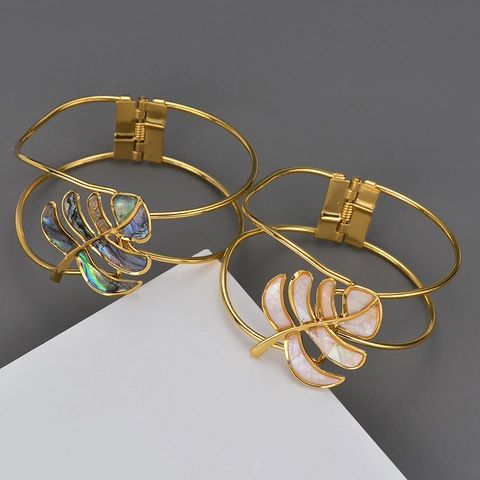 18K Gold Plated Stainless Steel Open Bangle Monstera Leaf Hollow Shell Inlay Irregular Texture Bracelet For Women