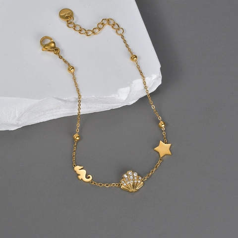 Bracelet En Acier Inoxydable Coquillage Hippocampe Strass Pour Femmes Plaqué Or Thème Océan Étoile De Mer Bijoux Minimalistes