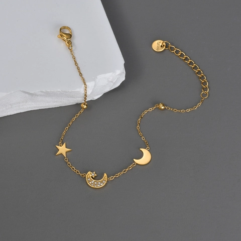 Bracciale Con Ciondolo Stella Luna Placcato Oro Acciaio Inossidabile Regolabile Gioielli In Zircone Da Donna