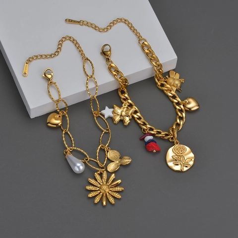 Pulsera De Amuletos De Acero Inoxidable Bañado En Oro Abeja Flor Mariposa Corazón Perla Artificial Joyería Vintage Para Mujer