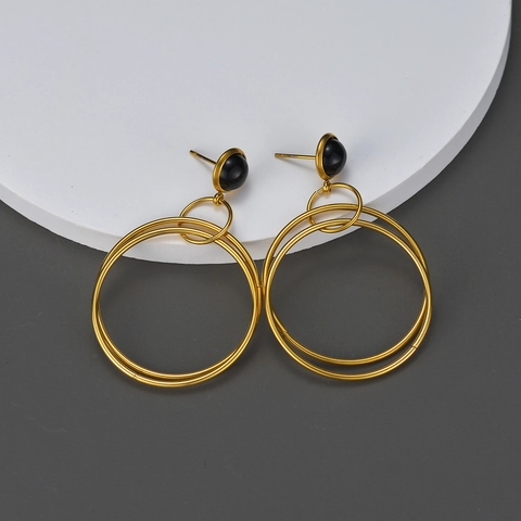 Stainless Steel Geometric Hoop Earrings Gold Plated Interlocking Rings Dangle Drop Black Bead Modern Elegant