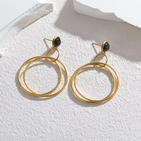 Stainless Steel Geometric Hoop Earrings Gold Plated Interlocking Rings Dangle Drop Black Bead Modern Elegant