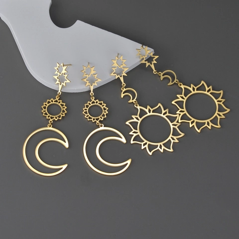 Holo Ster Zon Maan Lange Oorbellen 18K Verguld Roestvrij Staal Boheems Vintage Mode Voor Dames