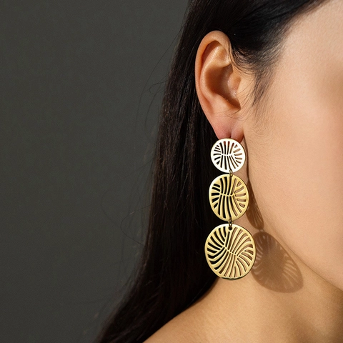 Boucles D'oreilles Pendantes En Acier Inoxydable Plaqué Or Multi-Couches Rondes Creuses Géométriques Style Rétro Pour Femmes