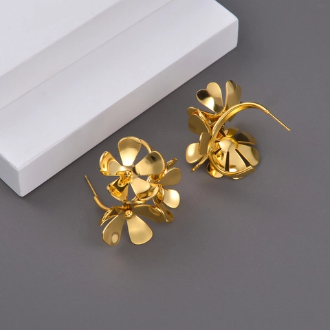 Pendientes De Botón De Flor Vintage Acero Inoxidable Chapado En Oro 18K Pétalos De Corazón Joyería Para Mujer