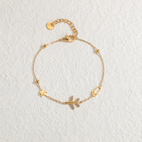 Stainless Steel Rhinestone Airplane Charm Bracelet Gold Plated Palm Tree Flip Flop Pendant Summer Vacation Jewelry Women