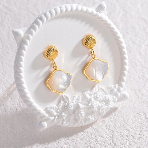 Orecchini A Pendente A Forma Di Conchiglia Placcati Oro 18K Acciaio Inossidabile Madreperla Stile Oceano Gioielli Donna