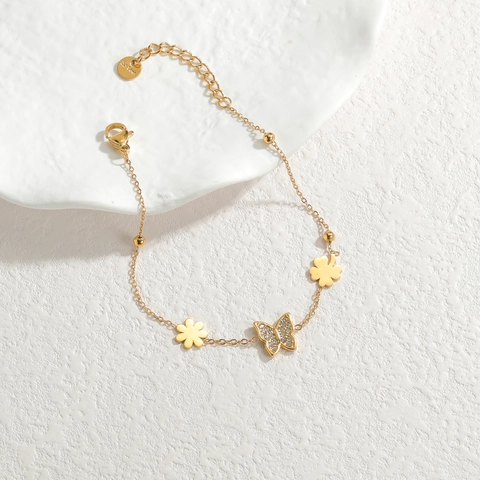 Bracciale In Acciaio Inossidabile Placcato Oro Farfalla Zirconia Ciondolo Trifoglio Fiore Catena Gioielli Donna