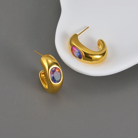 C Shaped Stud Earrings Stainless Steel With Gradient Oval Cubic Zirconia Gold Plated Fashion Jewelry For Women