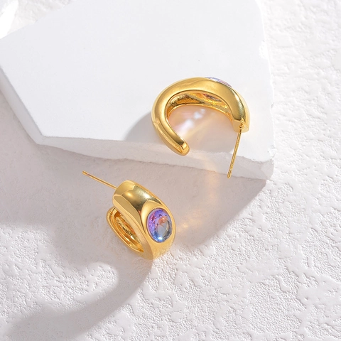 C Shaped Stud Earrings Stainless Steel With Gradient Oval Cubic Zirconia Gold Plated Fashion Jewelry For Women