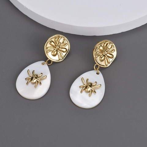 Vintage Spider Teardrop Drop Earrings Stainless Steel Gold Plated White Dangle Gothic Jewelry For Women Niche Design