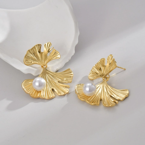 Pendientes De Perlas Artificiales De Hoja De Ginkgo Acero Inoxidable Circón Vintage Francés Elegantes Colgantes Para Mujer
