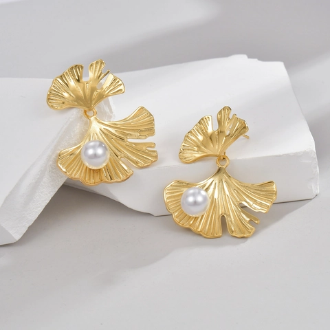 Pendientes De Perlas Artificiales De Hoja De Ginkgo Acero Inoxidable Circón Vintage Francés Elegantes Colgantes Para Mujer