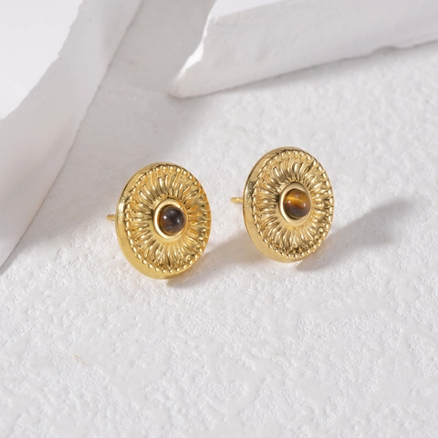 Round Stud Earrings Gold Plated Stainless Steel Natural Tiger Eye Stone Vintage Sunburst Texture For Women