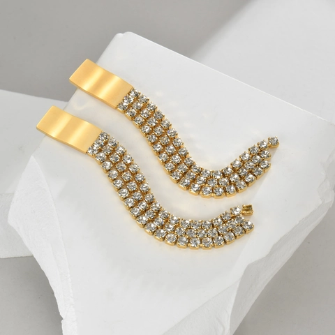 Lange Kwastje Oorbellen Van Roestvrij Staal Met Glanzende Zirkoon Retro Elegante Geometrische Druppel Sieraden Voor Dames
