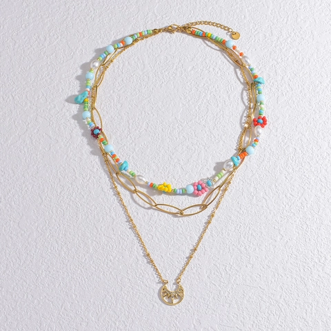 Collier Multi-Rangs Acier Inoxydable Plaqué Or 18K Künstliche Perles Colorées Künstliche Perle Imitation Turquoise Pendentif Lune Soleil Bijoux Femme