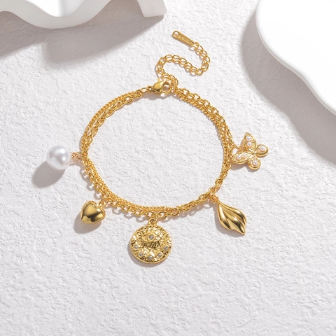 Double Layer Stainless Steel Bracelet With Heart Butterfly Evil Eye Artificial Pearl Charms Gold Plated Fashion Jewelry For Women