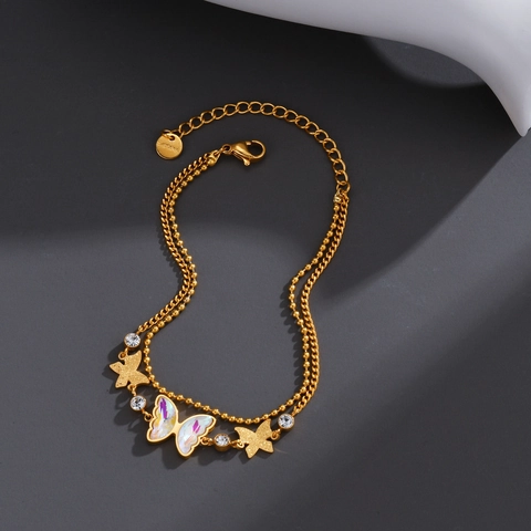 Double Layer Butterfly Bracelet Stainless Steel Gold Plated Iridescent Charm Cubic Zirconia Fashion Jewelry Women