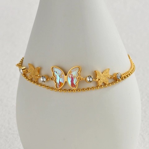 Double Layer Butterfly Bracelet Stainless Steel Gold Plated Iridescent Charm Cubic Zirconia Fashion Jewelry Women