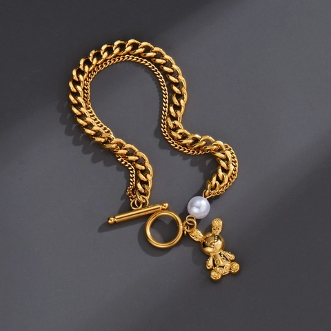 Bracciale Acciaio Inossidabile Ciondolo Orso Strati Perla Artificial Sintetica Placcato Oro Catena Maglie Fibbia OT Gioielli Tendenza Uomo Donna