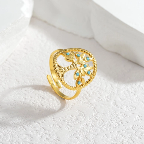 Anello Aperto Albero Della Vita Acciaio Inossidabile Placcato Oro Con Perline Turchesi Gioiello Regolabile Per Donna