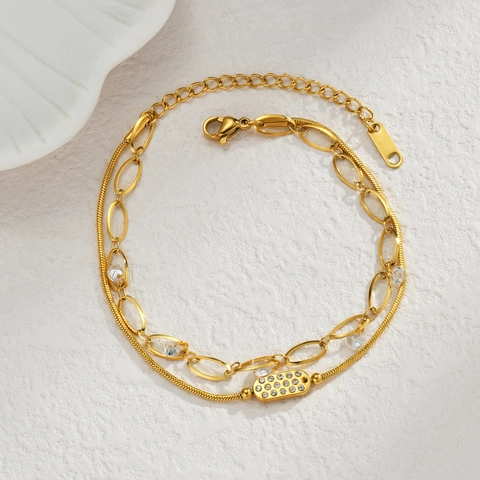 Double Layer Bracelet Stainless Steel Gold Plated Zirconia Geometric Snake Chain Adjustable Fashion Jewelry For Women