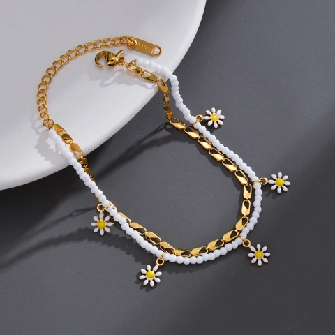 Layered Bracelet Stainless Steel Daisy Flower Charms White Beads Elegant Sweet Jewelry For Women Fashion Accessory