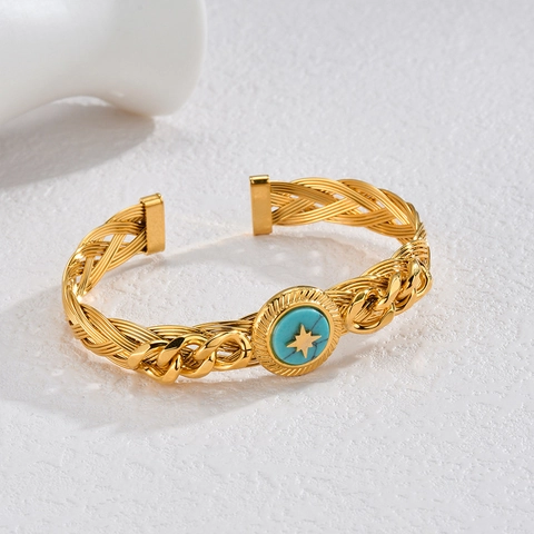Vintage Gold Plated Stainless Steel Cuff Bracelet Heart Natural Stone Turquoise Inlay Women Bohemian Jewelry