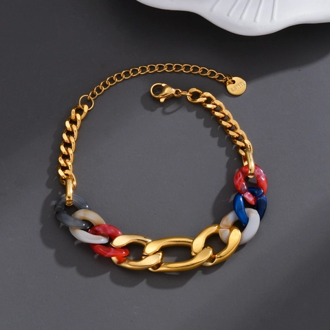 Vergoldetes Edelstahl Gliederkette Armband Mit Bunten Acryl Harz Marmor Gliedern Für Damen Minimalistischer Chic