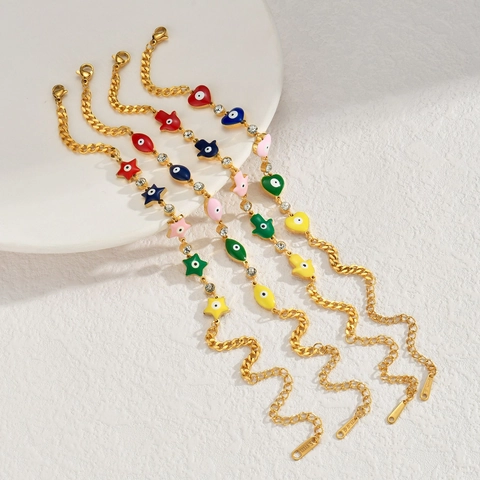Bracciale Occhio Di Allah Acciaio Inossidabile Smalto Colorato Mano Di Fatima Cuore Stella Ciondoli Strass Gioielli Donna