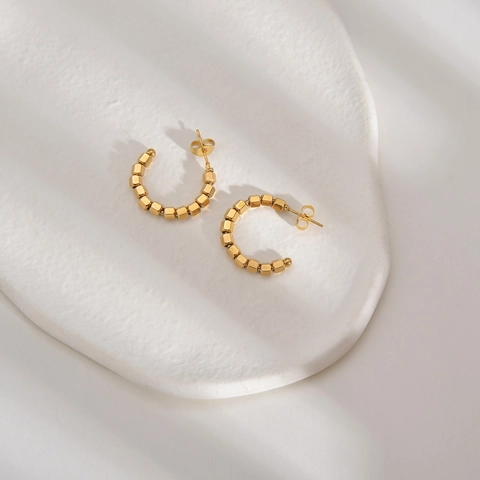 C-Shaped Hoop Stud Earrings 14K Gold Plated Stainless Steel Minimalist Geometric Bead Design For Women
