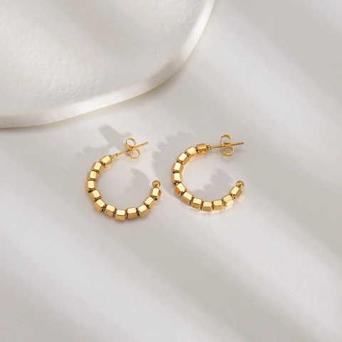 C-Shaped Hoop Stud Earrings 14K Gold Plated Stainless Steel Minimalist Geometric Bead Design For Women