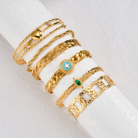 Vintage Gold Plated Stainless Steel Cuff Bracelet Heart Natural Stone Turquoise Inlay Women Bohemian Jewelry