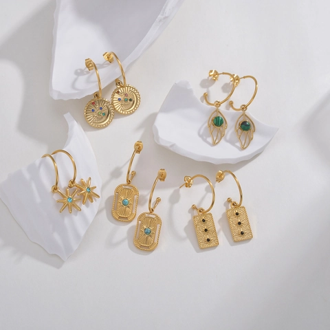 Boucles D'oreilles Pendentif En Acier Inoxydable Plaqué Or 14K Bohème Étoile Mauvais Œil Feuille Bijoux Vintage Pour Femme