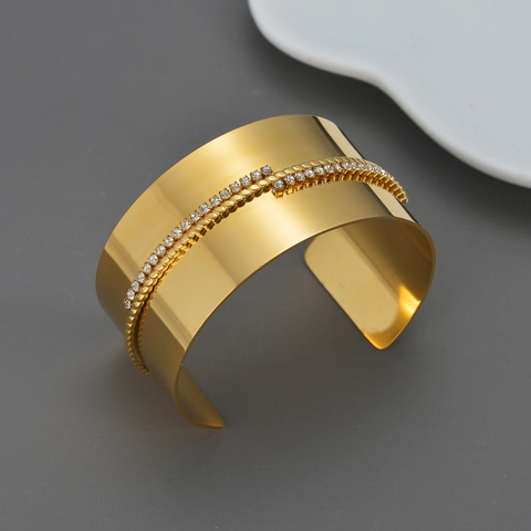 Breites Manschettenarmband Edelstahl Vergoldet Strass Geometrisch Offener Armreif Eleganter Statement-Schmuck Für Damen