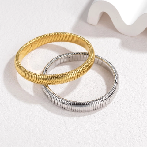 Brazalete Textura Espiral Acero Inoxidable Oro Plata Extensible Elástico Pulsera Moda Minimalista Accesorio Mujer