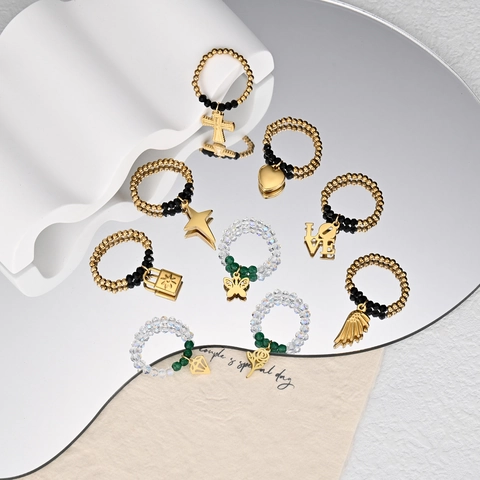 Stainless Steel Beaded Stretch Ring For Women Gold Plated Geometric Charms Heart Cross Star Butterfly Rose Flower Jewelry Adjustable Finger Ring Gift