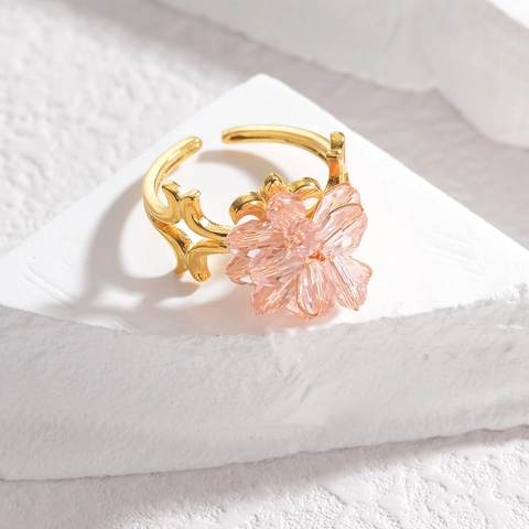 Flower Shaped Crystal Bead Open Ring Adjustable Stainless Steel Jewelry For Women Elegant Sweet Style Gold Plated