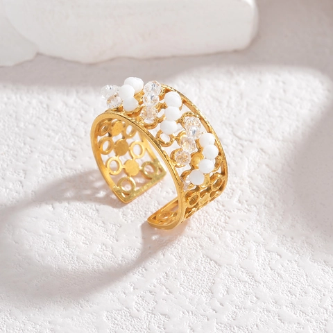 Handgefertigter Perlenring Bunte Kristallperlen Edelstahl Offener Ring Damen Vintage Geometrischer Verstellbarer Schmuck